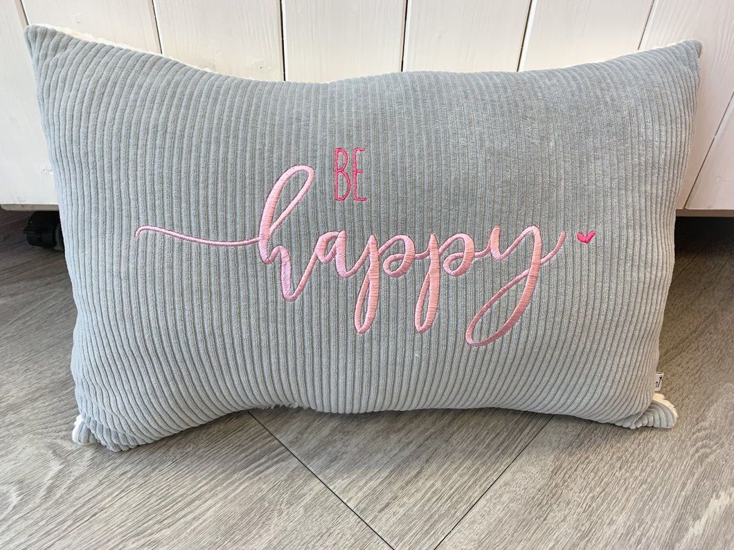 Be-Happy Kissen in grau/rosa – tini-stickt