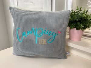 kissen camping Kissen Camping-Liebe in grau/mint – tini-stickt