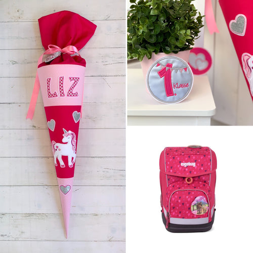 Schultüte Einhorn mit glitzernden Herzchen